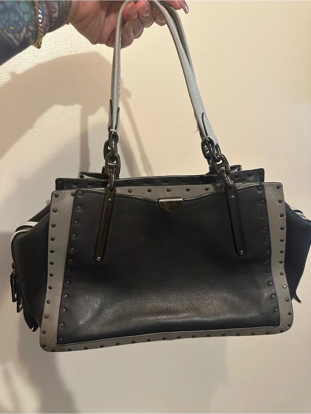 Coach Dreamer Blue and Gray Studded Leather Shoulder Bag